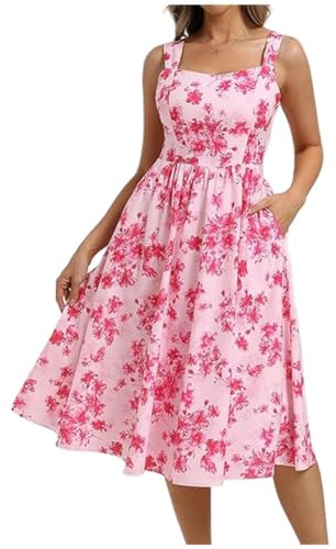 Belle Poque Maxi abito estivo senza maniche floreale con scollo quadrato, spalline increspate e taglio a linea A, abito da spiaggia estivo, Fiori Rossi, XL