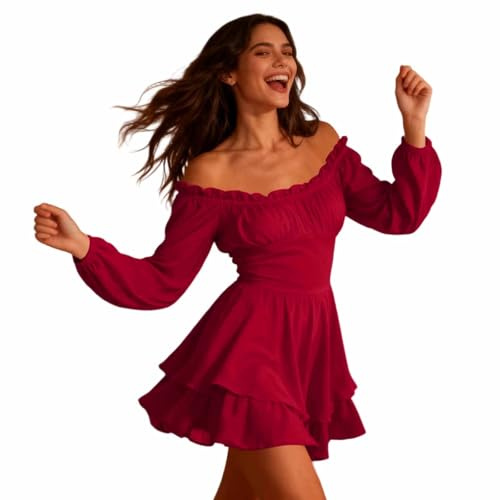 Generico Vestito Donna Carnevale - Abito Estivo da Donna con Gonna A Palloncino in Chiffon A Strati con Volant Scollo Rotondo Spalle Scoperte Mini Abito Svolazzante