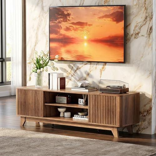 Bonnlo TV Stand Cabinet, TV Units for Living Room - 149cm Wooden TV Stand with Grille Doors & Adjustable Shelf, Walnut Finish Media Console for TVs up to 70 inch