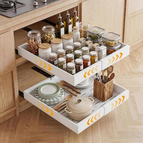 Cassetto Estraibile Telescopico, Cassetti Estraibili per Cucina con Adesivo, Organizer per Mobili da Cucina Senza Foratura per Cassetto Bagno Soggiorno, Larghezza Regolabile 32-53 cm | Bianco 1 Pezzo