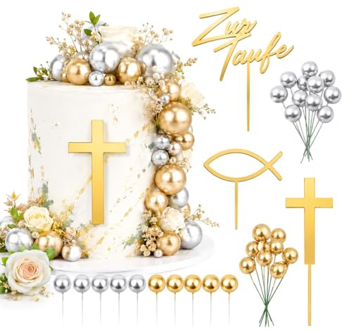 AEUXZA Set de 24 Decoraciones para Tarta de Comunión y Bautizo - Cake Topper con Cruz, Peces de Madera y 20 Bolas Oro y Plata - Adornos para Pasteles de Confirmación y Fiestas Religiosas