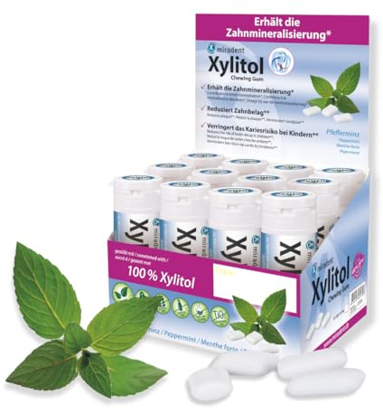 miradent Xylitol Zahnpflegekaugummi Pfefferminz Display 12 St. | erfrischender Geschmack | zuckerfrei | vegan | kariespräventiv | für unterwegs