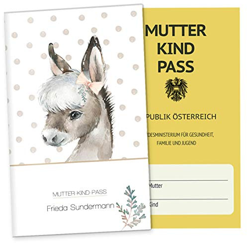 OLGS Mutter-Kind-Passhülle Österreich Bauernhof | Baby Schwanger Geschenkidee Mukipasshülle | Schutzhülle für Schwangerschaft (Hülle für den österreichischen MuKi-Pass personalisiert, Esel)