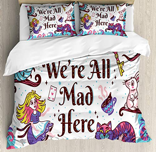 ABAKUHAUS Alice nel paese delle meraviglie Set Copripiumino, Alice nel paese delle meraviglie, Decorativo, 3 Pezzi con 2 Fodere Cuscini, 200 cm x 200 cm, Viola Multicolore