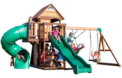 Backyard Discovery Cedar Cove Wood Swing Set with Spiral Tube and Wave Slide, Clubhouse, Toy Grill, Snack Bar, Rock Wall, Belt Swings, Web Swing, Balcony,Chalkboard, Ladder,Outdoor Playset 10 Years