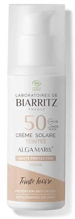 Laboratoires de Biarritz - Crème Solaire Visage Teintée Ivoire - SPF50 - ALGA MARIS® Certifiée Bio - Unifie le Teint et Prévient l'Apparition de Taches - 50 ml - Fabriquée en France