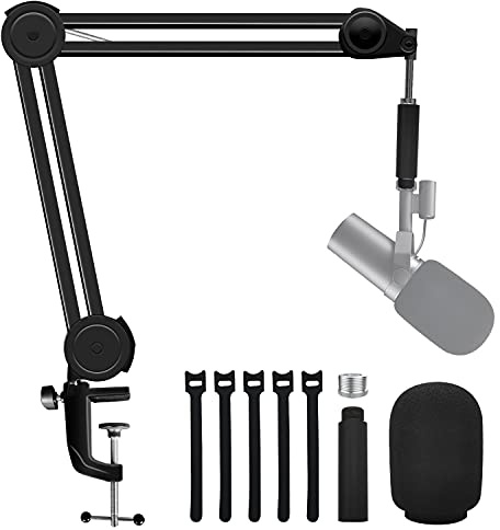 Boseen Boom Mic Arm Stand for SM7B with SM7B Pop Filter, Upgraded Adjustable Suspension Scissor Mic Stand Desk Mount with Extension Tube for Video, Podcast, Gaming