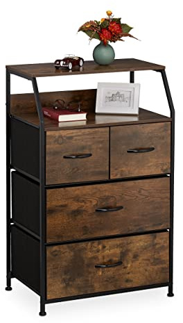 Relaxdays Kommode Industrial, HBT: 96,5 x 60 x 41,5 cm, braun/schwarz | Stoff, Metall, Holzoptik, 4 Schubladen, Sideboard