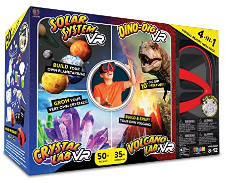 Abacus Brands Virtual Reality 4 in 1 Deluxe VR Lab - Illustrated Interactive VR Book and STEM Learning Activity Set (Solar System, Dino-Dig, Crystal and Volcano)