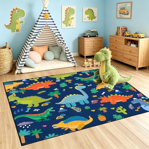 Cartoon Dinosaur Area Rugs Lovely Dinosaur Carpet Rugs for Boys Kids Blue Cute Animal Patterns Carpet Dinosaurs Rug for Boys Bedroom Living Dinning Room Bedroom Kitchen Playing Room, 2'×3'