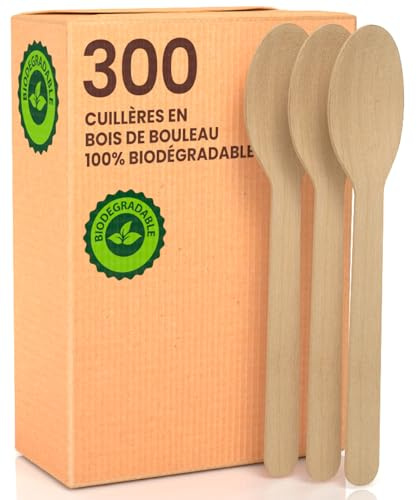 300 Ensemble de Couverts Jetables en Bois, Cuillères, Fourchettes, Couteaux, 16cm, Biodégradables et Compostables, Ensemble de Cuillères Idéal pour Mariages, Pique-niques, Fêtes, Traiteur