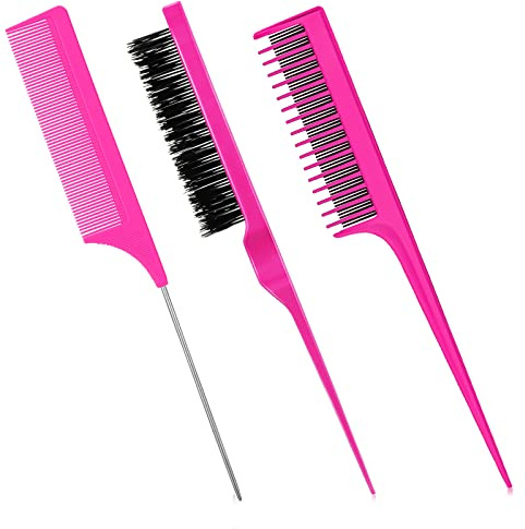 Patelai 3-Piece Styling Comb Set: Fluffy Brush, Rat Tail Comb, and Triple Back Combing Comb for Women (Rose Red)