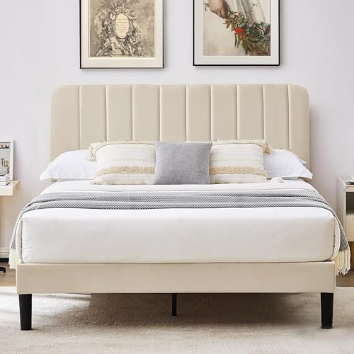 VECELO Polsterbett 140 x 200 cm Doppelbett mit Höhenverstellbarem Kopfteil, Stabiler Bettrahmen mit Lattenrost, Gepolstertes Bettgestell, Kein Boxspring erforderlich, Beige