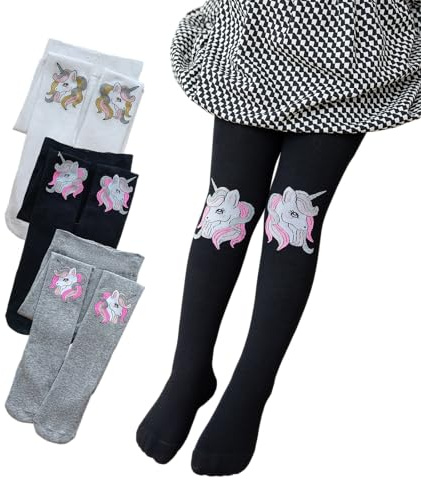 Silkglory 3 stycken babystrumpbyxor flickor, strumpbyxor för flickor med söta glittertryckmönster, leggings med hela fötter för nyfödda småbarn 2–12 år, Svart/grå/vit, 10-12 År