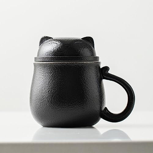 XIUWOUG Ceramic Tea Mug with Infuser and Lid, Cute Cat Tea Cup with Filter for Steeping Loose Leaf, Novelty Morning Cup Tea Milk Coffee Mug,Chinese Handmade Porcelain Teacup for Home Office,Black A