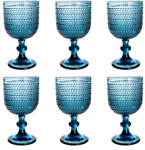 Bandesun Blue Hobnail Wine Glasses Set of 6 - Beads Goblet Glassware Vintage Drinkware