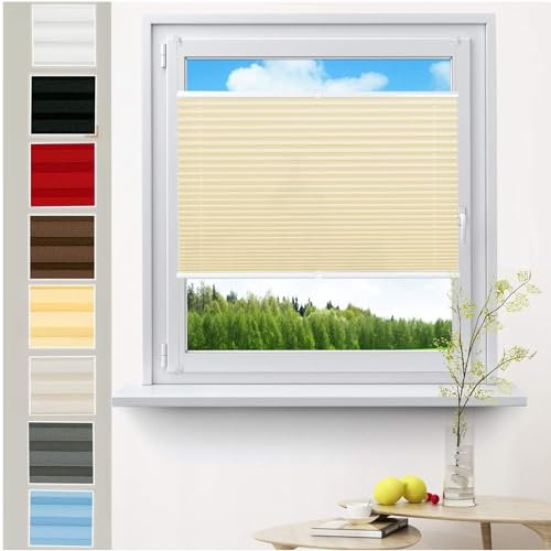 Plissee ohne Bohren nach maß, 110 x 210 cm Sichtschutz und Sonnenschutz Rollo, Jalousette Jalousie Faltrollo Blickdichtes Falt-Rollo, für Fenster, Beige