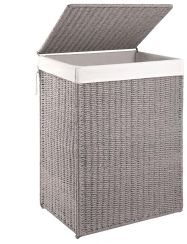 OIAHOMY Laundry Hamper with Lid, 23.8 Gal (90L) Wicker Hamper with Removable Liner Bags, Handwoven Clothes Basket with Handles, Foldable Woven Paper Rope Basket for Laundry Room, Bedroom-Grey