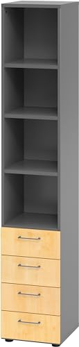 bümö smart Schubladenschrank, Büroschrank in Graphit/Ahorn mit 4 Schüben & 4 Regalfächern - Bürocontainer aus Holz, Container mit Metallgriffen & Soft-Stop Schubladen