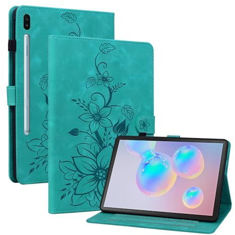 Rosbtib Hülle für Samsung Galaxy Tab S6 10.5 Zoll (SM-T860/ T865) 2019, Multi-Winkel Betrachtung Kunstleder Schutzhülle mit Kartenfächer Cover Lilien-Muster, Grün