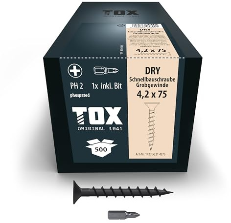 TOX Schnellbauschrauben DRY GG 4,2 x 75 mm, 500 Stk. | Schwarz phosphatiert, Trompetenkopf, Grobgewinde, für Gipskarton auf Holz, PH2, inkl. Bit, 142353214275