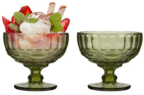 Dibor Glass Dessert Bowl Set of 2 Green Embossed 300ml Footed Sundae Glass Dessert Cup Dishes Afternoon Tea Tableware Ice Cream Sorbet Fruit Salad Cocktail Bowl
