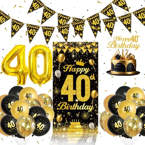 40th Birthday Decorations for Men - 40pcs Black Gold Happy 40th Birthday | Black Gold Foil 40 Balloons, Banners, Cake Topper for Men Women 40 Year Old Happy Birthday Party Decorations Supplies Him Her