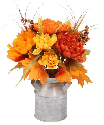 ZHDOKA 11,8 Zoll Kunstblumen Im Metalltopf, Orangefarbener Seiden-Sonnenblumen-Dahlien-Pfingstrosen-Blumenstrauß Im Eiseneimer für Rustikales Land, Thanksgiving, Küche, Wohnzimmer,(peony-orange)