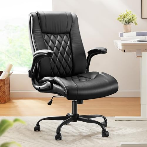 Marsail Chefsessel Bürostuhl mit Hochklappbaren Armlehnen, PU Leder Ergonomischer Schreibtischstuhl mit Kippfunktion Höhenverstellbar Drehbar Rollend für Homeoffice, Schwarz