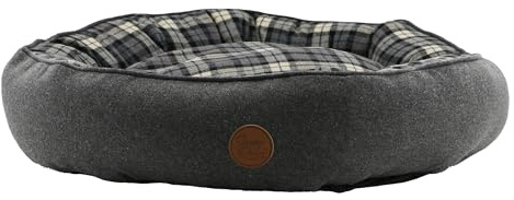 Ancol Dog Donut Bed in Black and Grey Tartan - Comfortable Indoors Snuggle Pad with Raised Rim - Cosy Puppy Mat Sleeping Place - 70cm