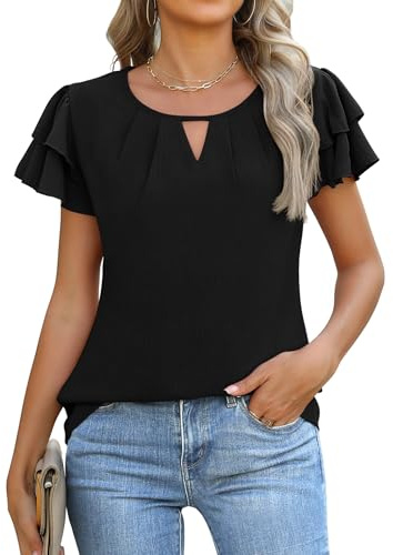 Gleeneat Womens Dressy Business Casual Dress Work Tops Ruffle Short Sleeve Blouses Cute Summer V Neck Pleated Chiffon Spring Shirts Trendy Outfits Blusas Elegantes para Mujer Black