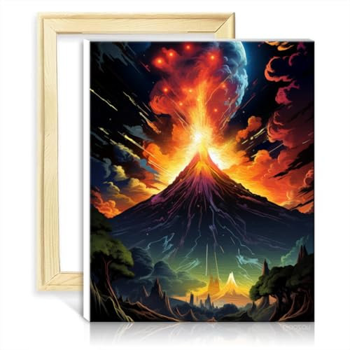 LiHEQING Malen nach Zahlen-Set, Vulkanausbruch, Ölgemälde zum Selbermachen für Erwachsene mit Pinseln und Acrylbild als Dekoration für Zuhause, selbst gestalteter Rahmen (40 x 50 cm)