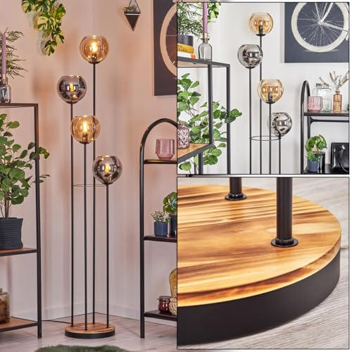 HOFSTEIN Stehleuchte Koyoto, Stehlampe aus Metall/Holz/Glas in Schwarz/Natur/Bernstein/Chrom/Rauch, Leuchte im Vintage-Design (Ø 15 cm), Fußschalter, 147 cm, E14, Wohnzimmer, Schlafzimmer, Flur, Büro