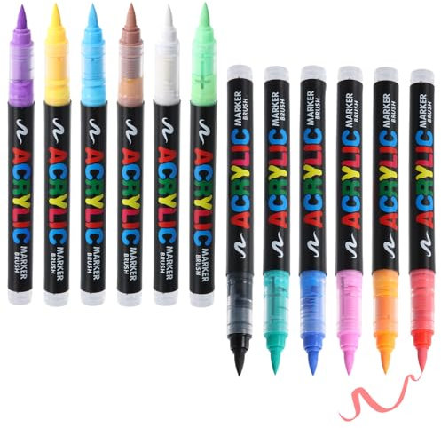 Catime Rotuladores de Pintura Acrílica a Base de Agua, Rotuladores de Pincel Acrílico de 12 Colores, Rotuladores Lettering Punta Fina de 1-6 mm, para Roca, Cristal, Cerámica, Plastico, Tela, Metal