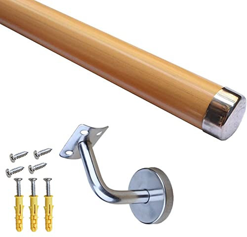 Treppengeländer-Set zur Wandmontage, 3,9 m, komplettes Treppengeländer mit silbernen Halterungen, für drinnen und draußen, holzfarbener Handlauf für Treppen