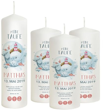 Liamoria® Taufkerze Junge mit Name und Datum Motiv Wal in Blau 25 cm inkl. Taufspruch mit 3 Patenkerzen Lange Brenndauer in weißer Farbe - die perfekte Taufkerzen für Jungen
