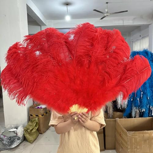 Abanicos de plumas de avestruz grandes y esponjosos de color amarillo, plegables, de mano, para danza, varios estilos, para fiestas, espectáculos, color rojo, 130 cm, 2 unidades