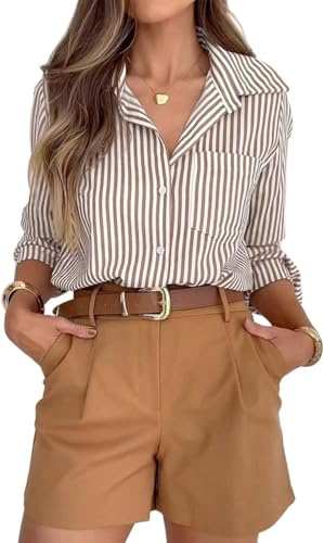 BUNSLOOM Camicetta da donna a righe a maniche lunghe con colletto per ufficio, camicia da lavoro con bottoni e tasca, marrone, S