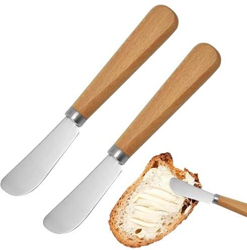 Dongnesi 2Pcs Butter Knives, 7 Inch Durable Stainless Steel Butter Knife Spreader Set, Multi-Function Cheese Knives with Wooden Handle, Smooth Spreading Cream and Cheese Sauce on Bread, Bagels