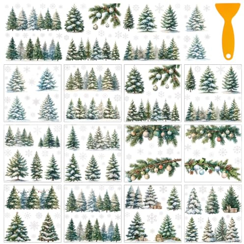 AHANDMAKER 12 Sheets Christmas Rub on Transfer Stickers, Snowflake Window Decoration Trees Snow Furniture Decal for Home School Office Decor DIY Crafts Supplies, 5.5x5.5