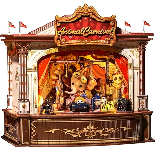 CUTEBEE 3D Holzpuzzle für Erwachsene - Rotierende Spieluhr Miniatur Haus Tier-Karneval 3D Puzzle Modellbausätze, DIY Bastelset, Bücherregal Deko, Kreativgeschenk