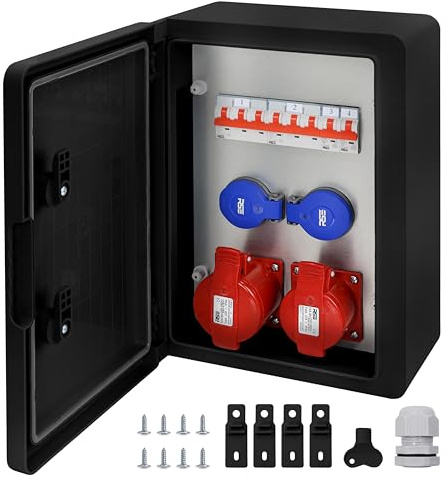 RSE abschließbarer ABS-Verteilerschrank mit Steckdosenkombination und Absicherung, Schwarz, 250 * 350 * 150mm, 1xCEE16A, 1xCEE32A, 2x230V, MIT RSE LS