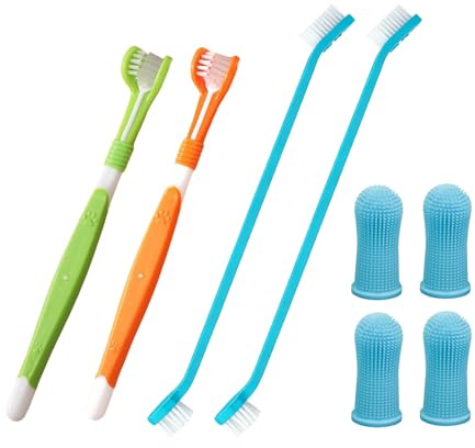 Cepillo de dientes para perro, gato, 2 cepillos de dientes de triple cabeza y 2 dobles, 4 cepillos de dientes para dedos para limpieza y cuidado de los dientes de los animales domésticos