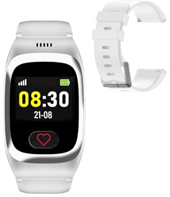 James - B8 Notrufuhr - SOS-Notruf, GPS-Ortung, Sturzmelder, Geofence, 24/7 Alarmzentrale, AMOLED-Display, IP67 Wasserschutz (Weiß, B8 mit Ersatzarmband)