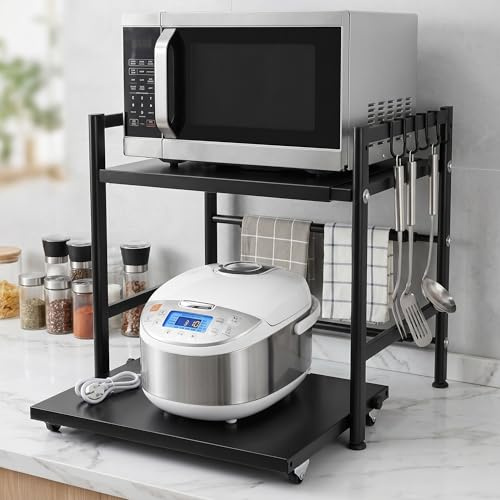 Xygobla Expandable Microwave Oven Rack Stand | 2 Tier Height-Adjustable Countertop Shelf with 5 Hooks, Baker's Standing Rack Kitchen Organiser, Easy Assembly