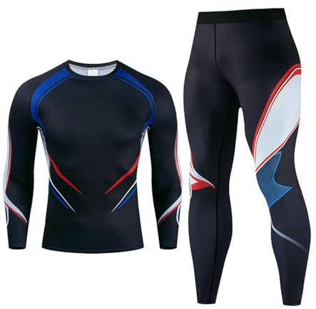 Zanisouta Funktionsunterwäsche Herren Sommer Motorrad Thermounterwäsche Sportunterwäsche Sport Unterhemd Und Kompressionshose Set Leicht Trainingsanzug Farbblock Sportanzug