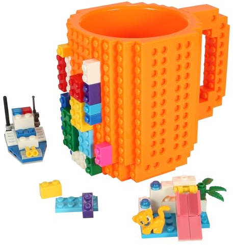 Lumsburry Build-on Brick Coffee Mug, Funny DIY Unique Novelty Drinking Cup | Building Blocks Creative Mug, for Men Women Kids Dad Mom, Present Exchange Ideas, Xmas Birthday White Elephant(Orange)