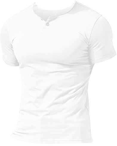 Men Casual Short Sleeve Henleys T-Shirt Single Button Shirts White M