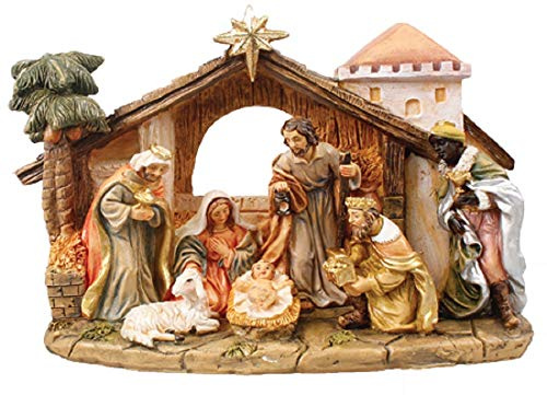The Healing Corner Christmas Nativity Set Traditional Xmas Scene 7 Fixed Figures 5 Multicolour Christmas Ornament Holy Family & 3 Kings