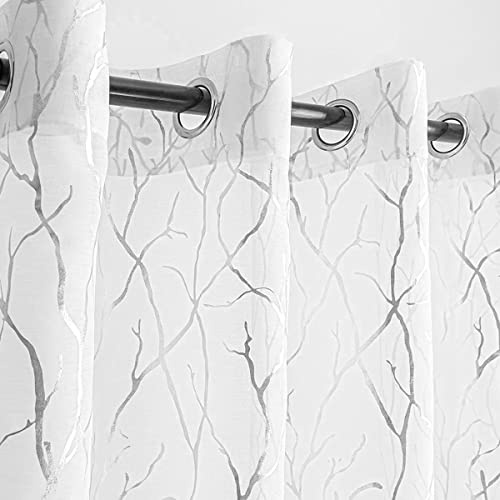 Kotile - 2 Cortinas semitransparentes Plateadas y Blancas de 213 cm, con Dibujo Elegante de Ramas Plateadas, para Dormitorio, con Ojales, para Ventana, para Sala de Estar, 132 x 213 cm
